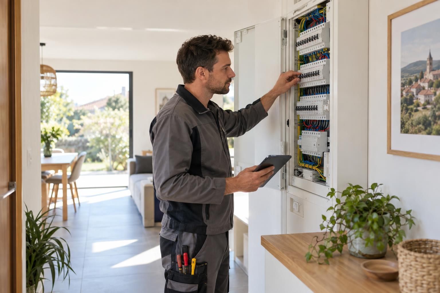 Un électricien examine un tableau électrique résidentiel avant d’établir une proposition de remplacement