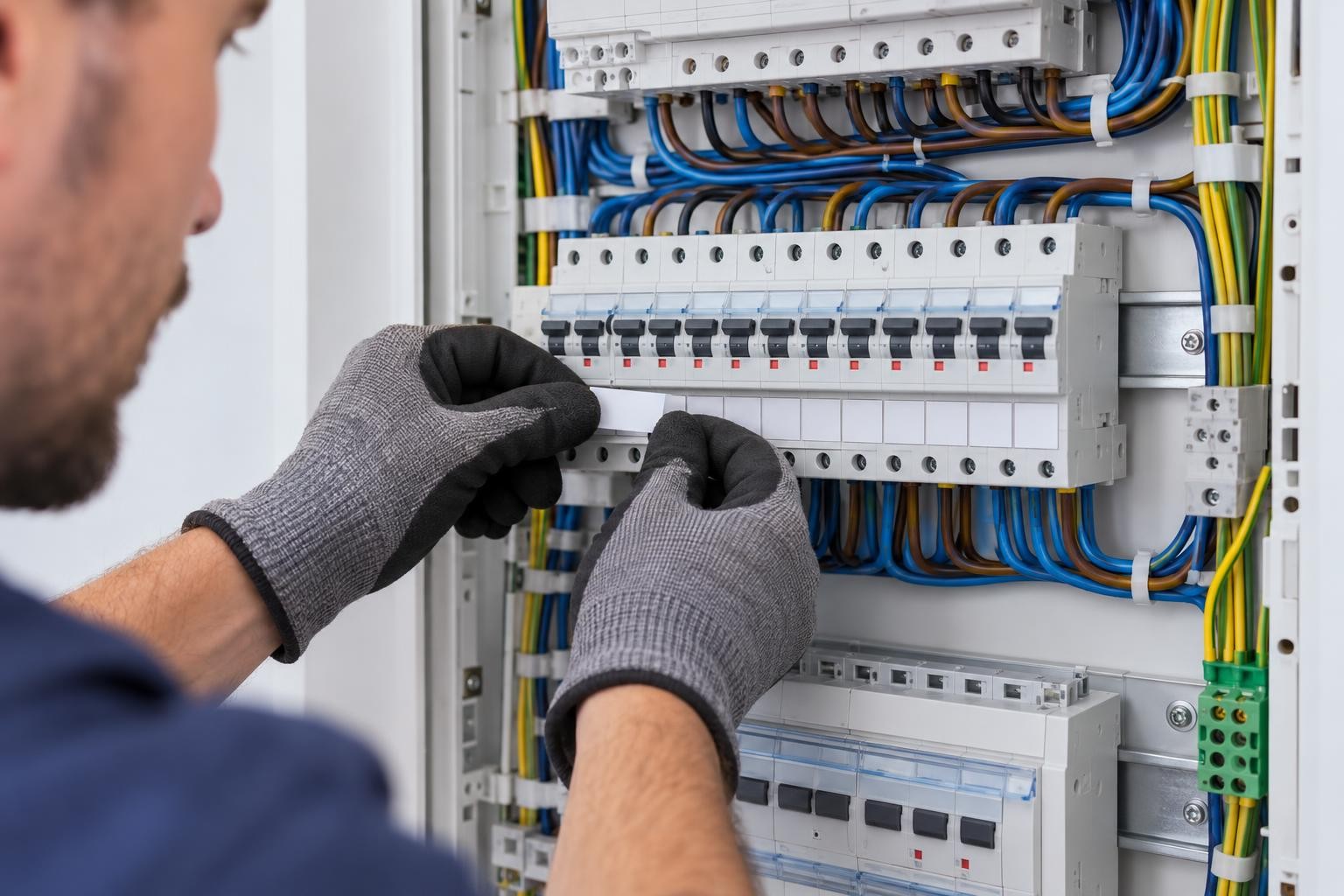 Un électricien identifie les circuits d’un tableau électrique pendant une intervention