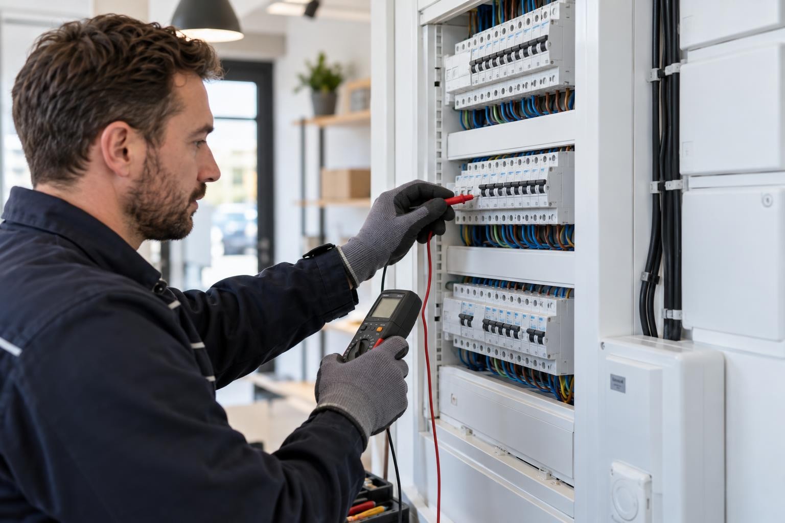 Électricien vérifiant le tableau électrique d’un local professionnel avant une installation de borne