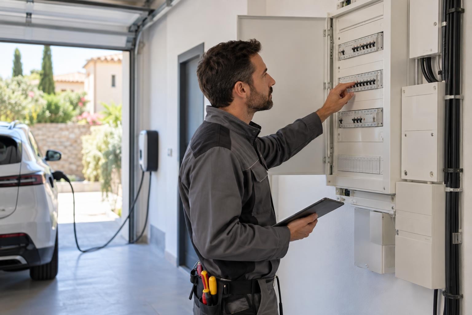 Électricien inspectant le tableau électrique d’une maison avant la pose d’une borne de recharge