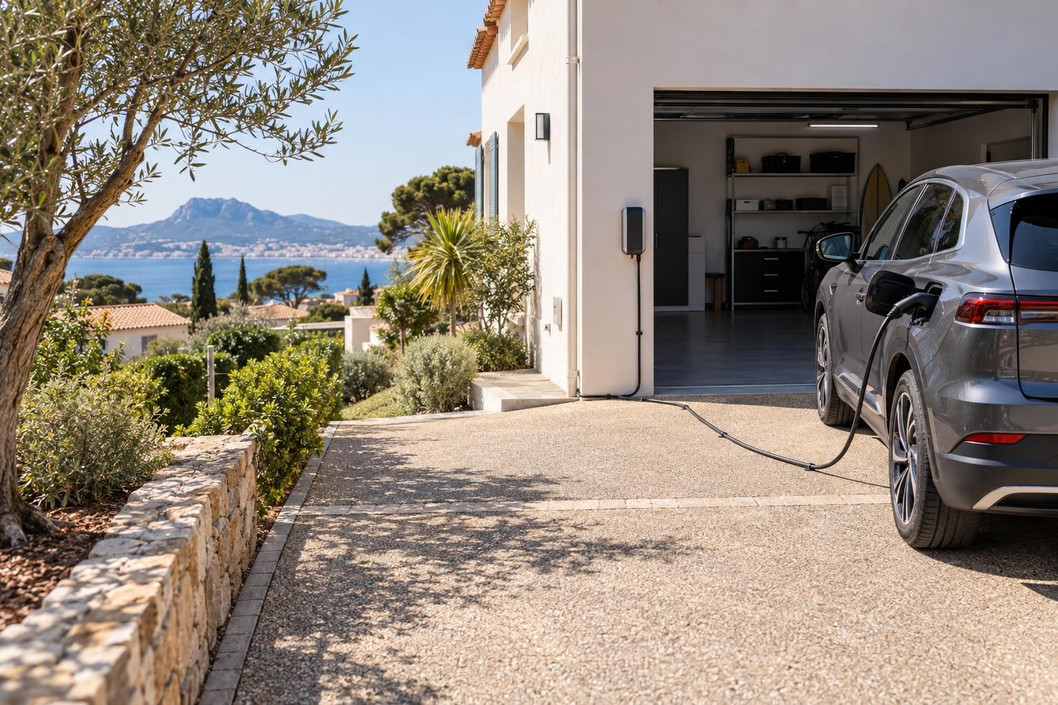 Exemple de stationnement et de cheminement de câble pour une borne de recharge à domicile