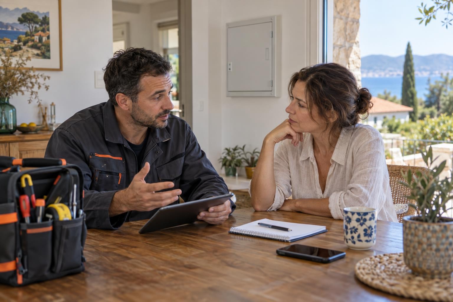 Électricien expliquant à un occupant les observations utiles avant un dépannage électrique au Pradet