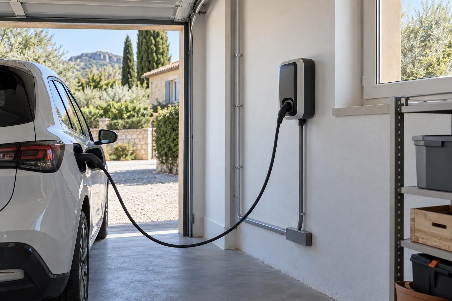 Électricien contrôlant un tableau avant l’installation d’une borne de recharge à domicile