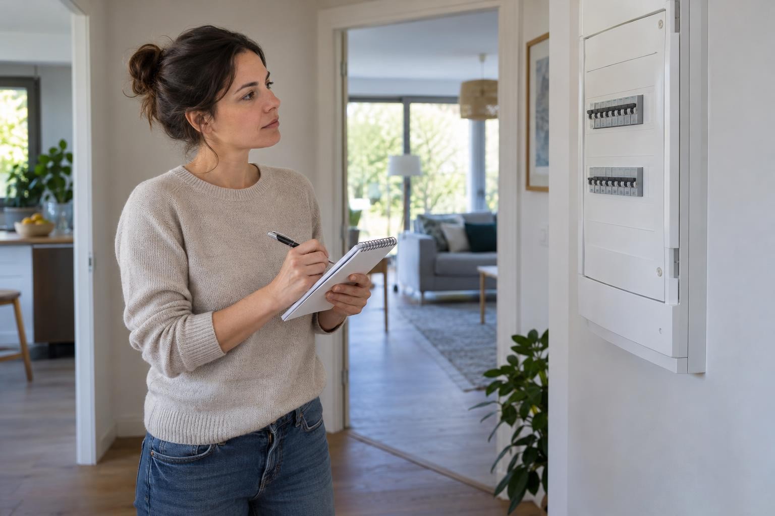 Habitante qui note les signes d’une panne près d’un tableau électrique fermé