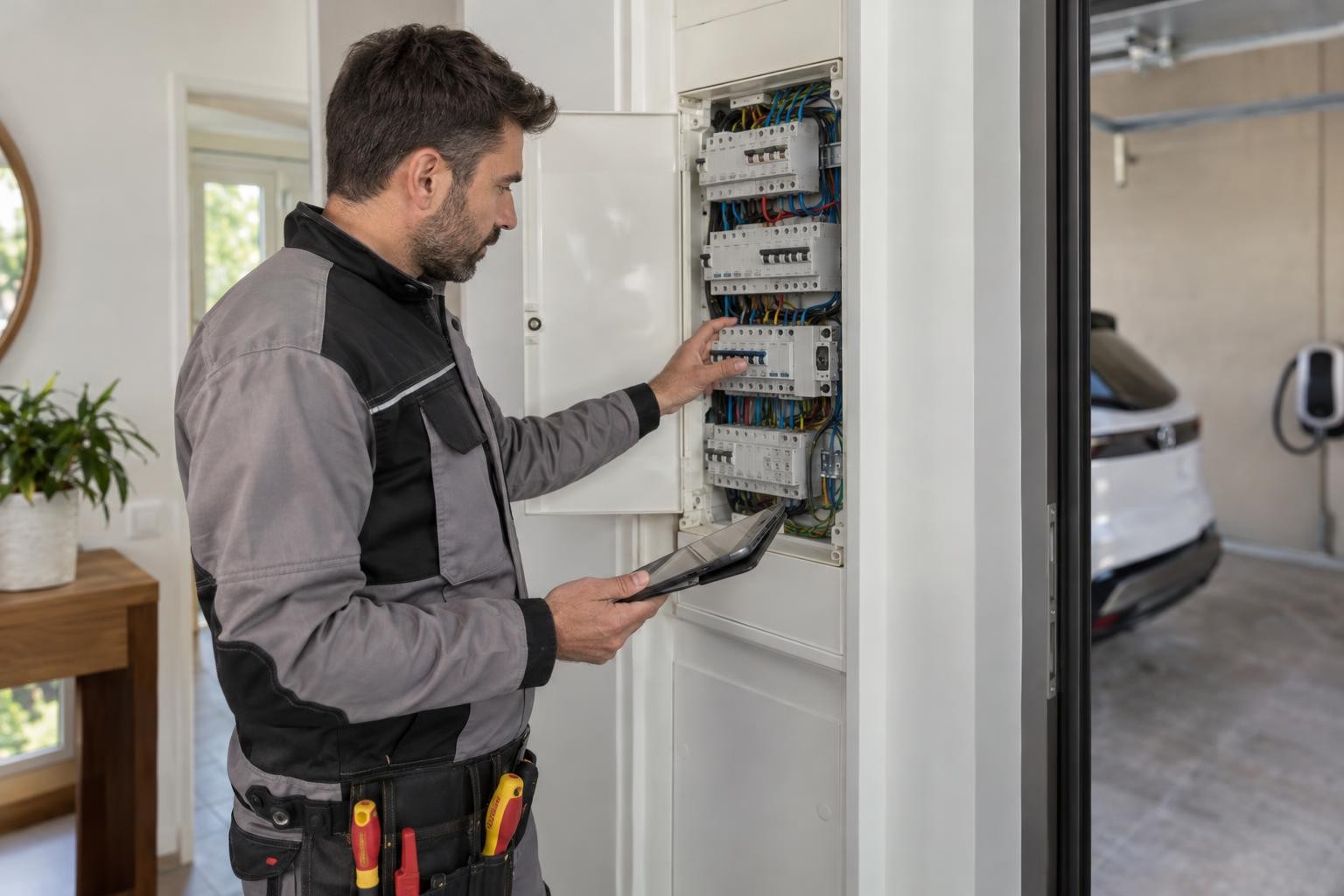 Électricien examinant un tableau électrique avant l’installation d’une borne de recharge à domicile
