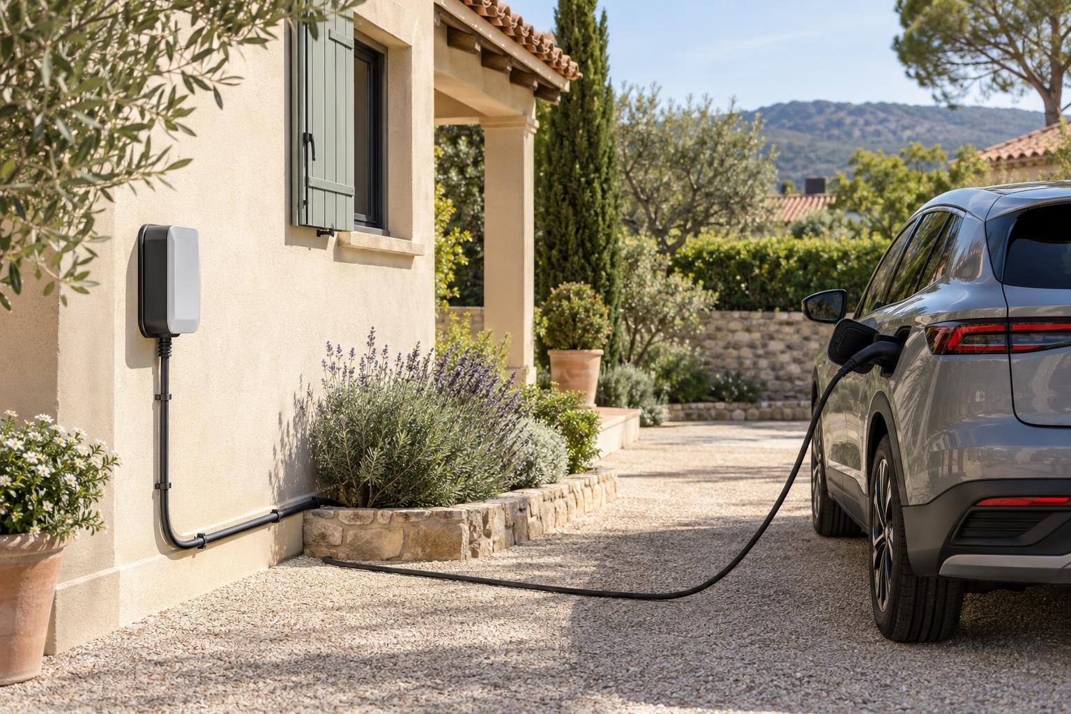 Exemple de borne de recharge murale et de cheminement de câble vers un véhicule stationné à domicile