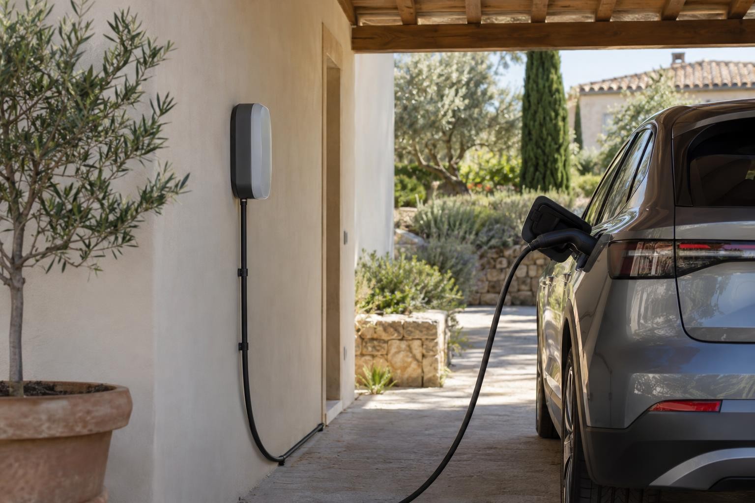 Borne de recharge installée dans un abri résidentiel avec un câble rangé le long du mur