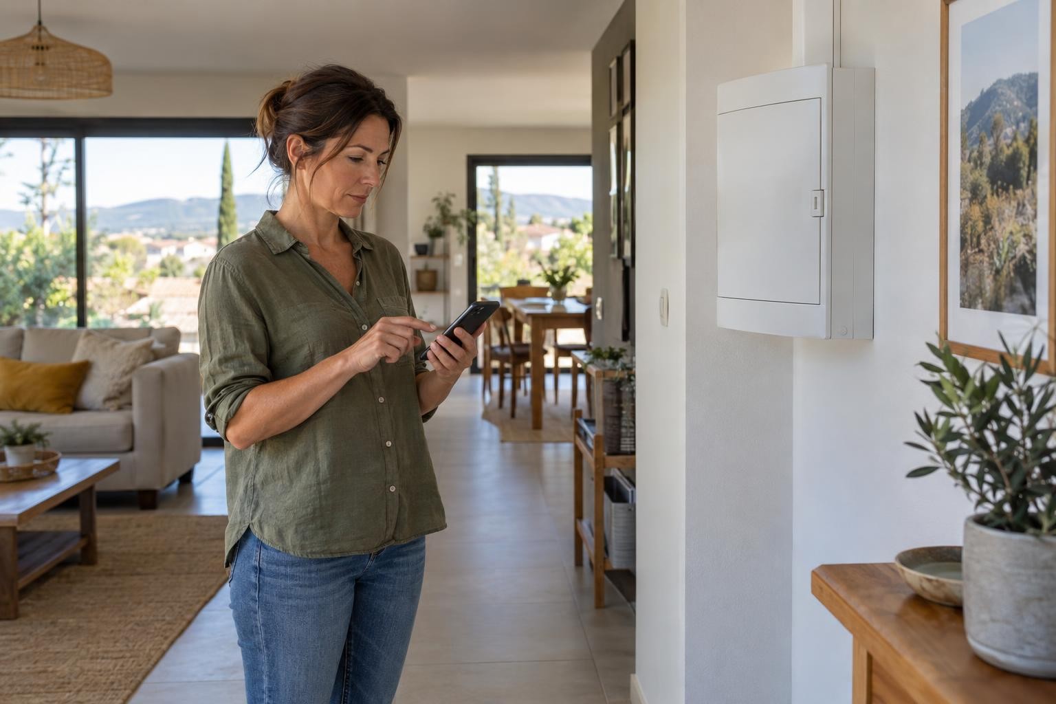 Habitante qui note les signes d’une panne près d’un tableau électrique fermé