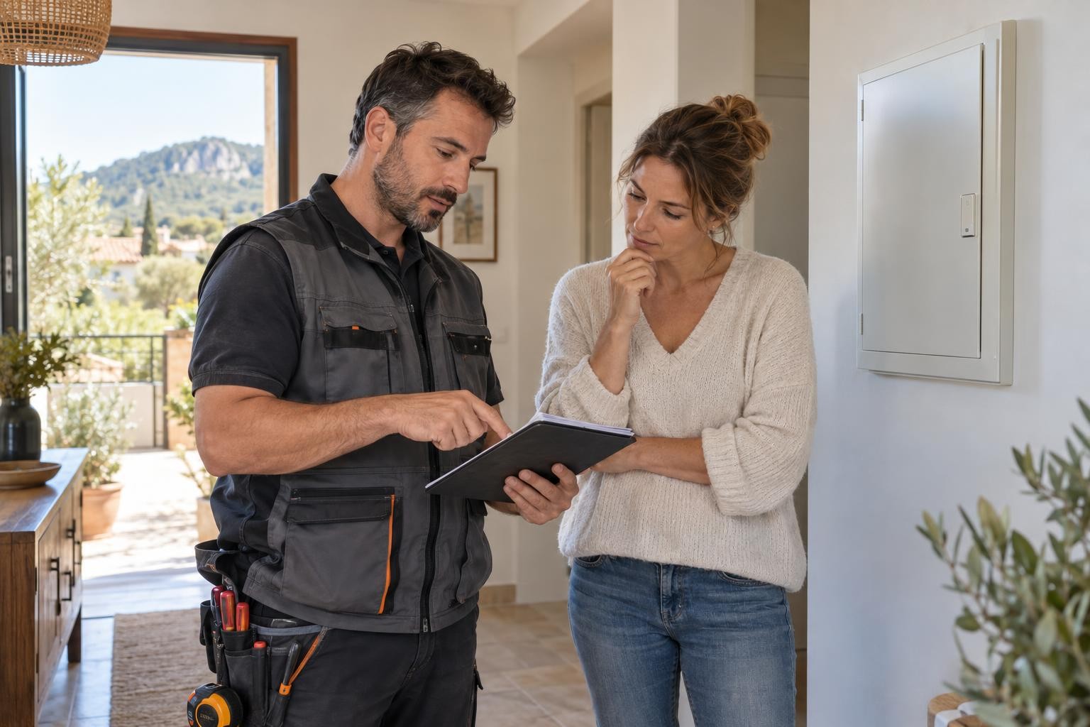 Électricien échangeant avec une habitante sur les observations utiles pour diagnostiquer une panne électrique