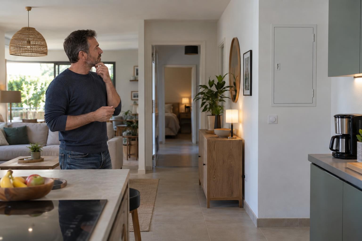 Habitant observant une panne électrique dans son logement sans toucher au tableau fermé