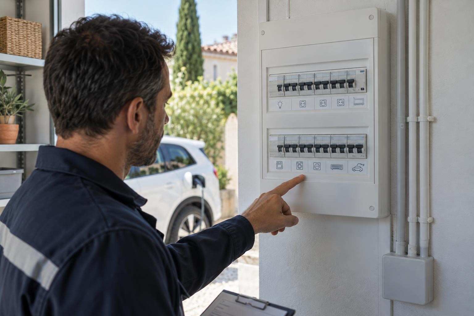 Vérification du tableau électrique d’une maison avant un projet de recharge de voiture