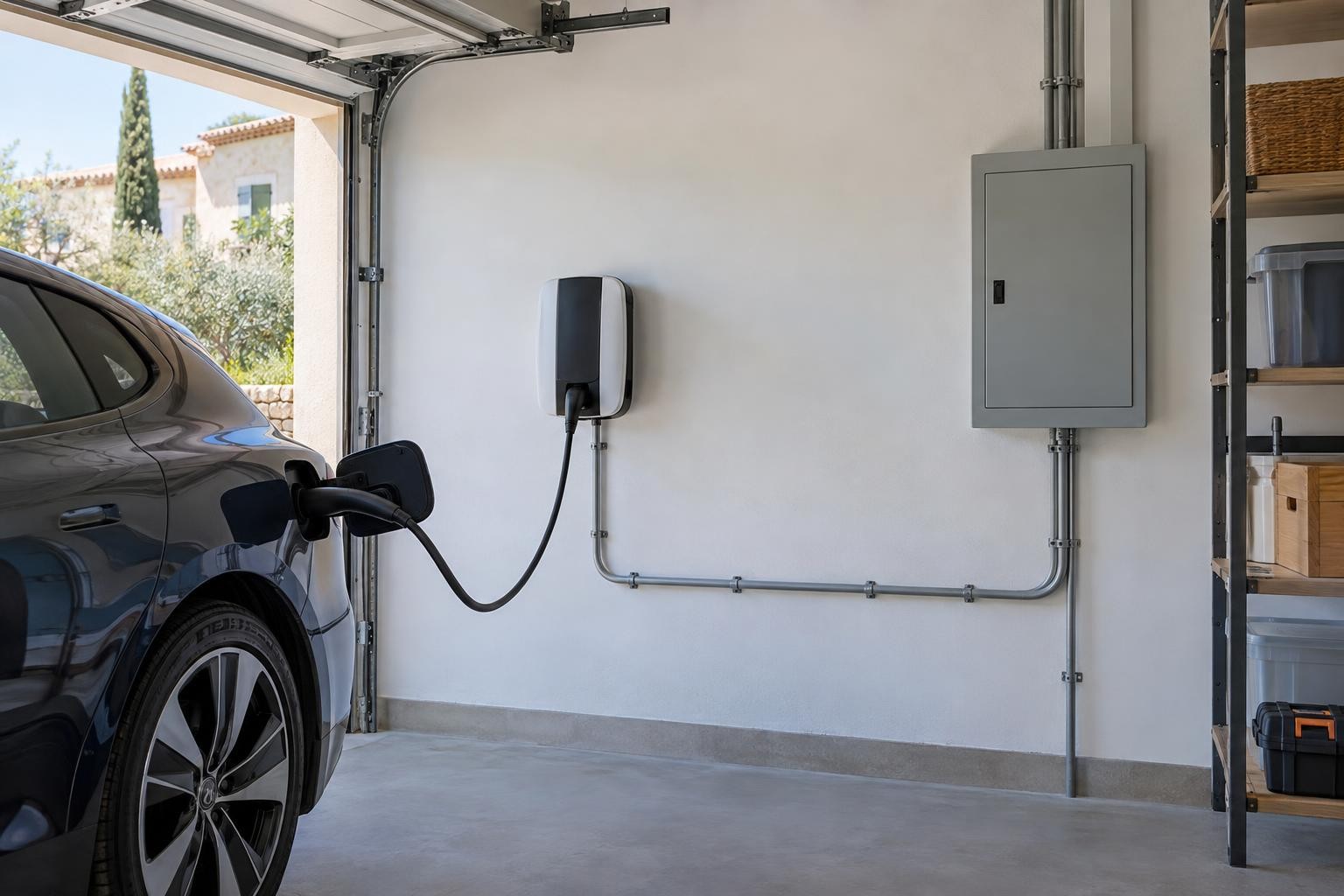 Borne de recharge installée dans un garage résidentiel près d’une voiture électrique