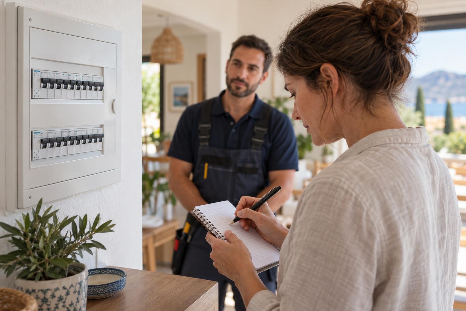 Occupante de maison et électricien échangent devant un tableau électrique fermé avant un dépannage à La Garde