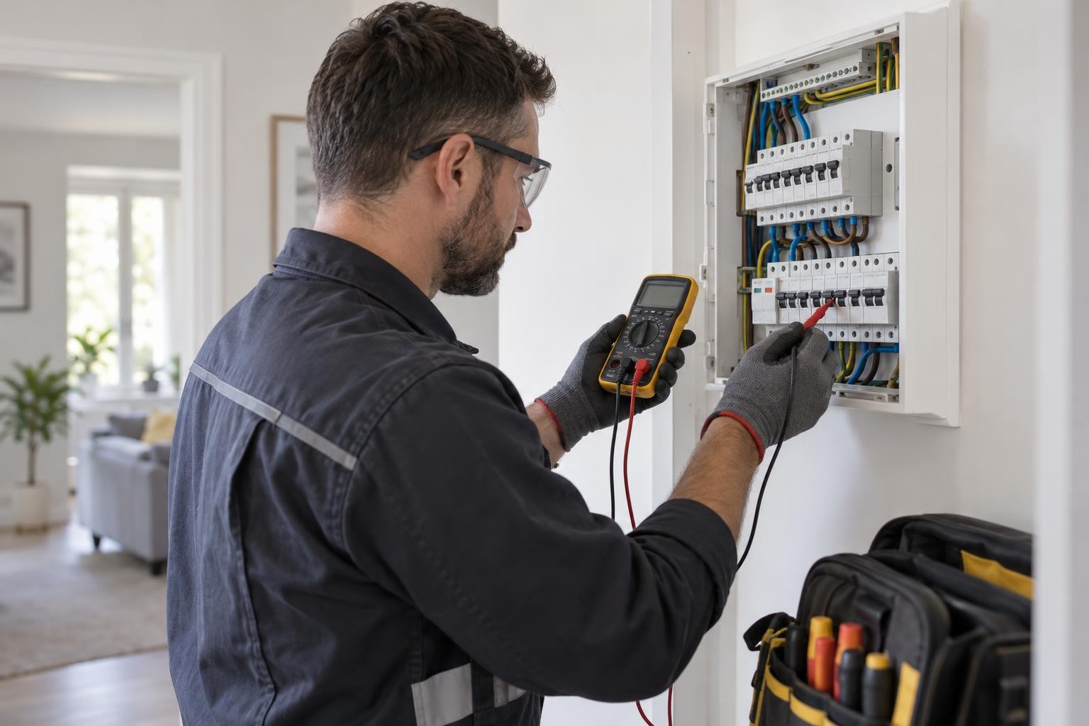 Un électricien examine un tableau électrique dans une maison près de La Farlède