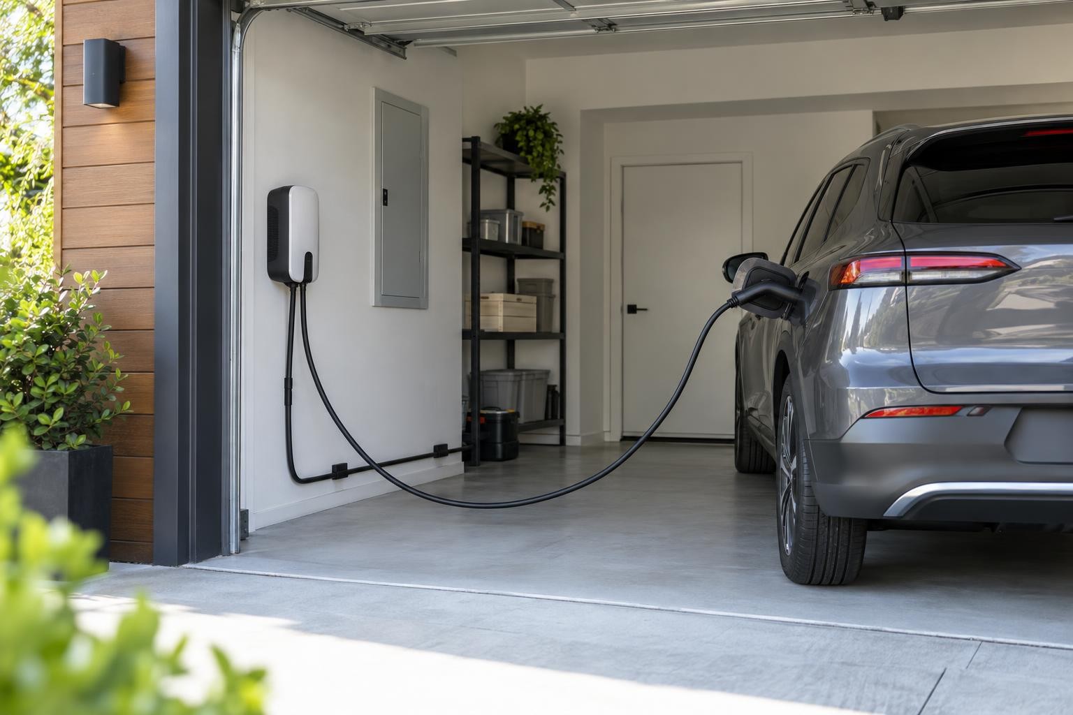 Borne de recharge installée dans un garage résidentiel avec une voiture électrique